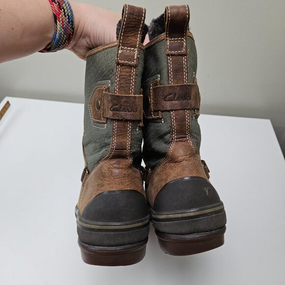 Clarks Muckers Squall Winter Boots Women 10 Lace Up Brown Leather‎ Olive Canvas - Picture 5 of 11
